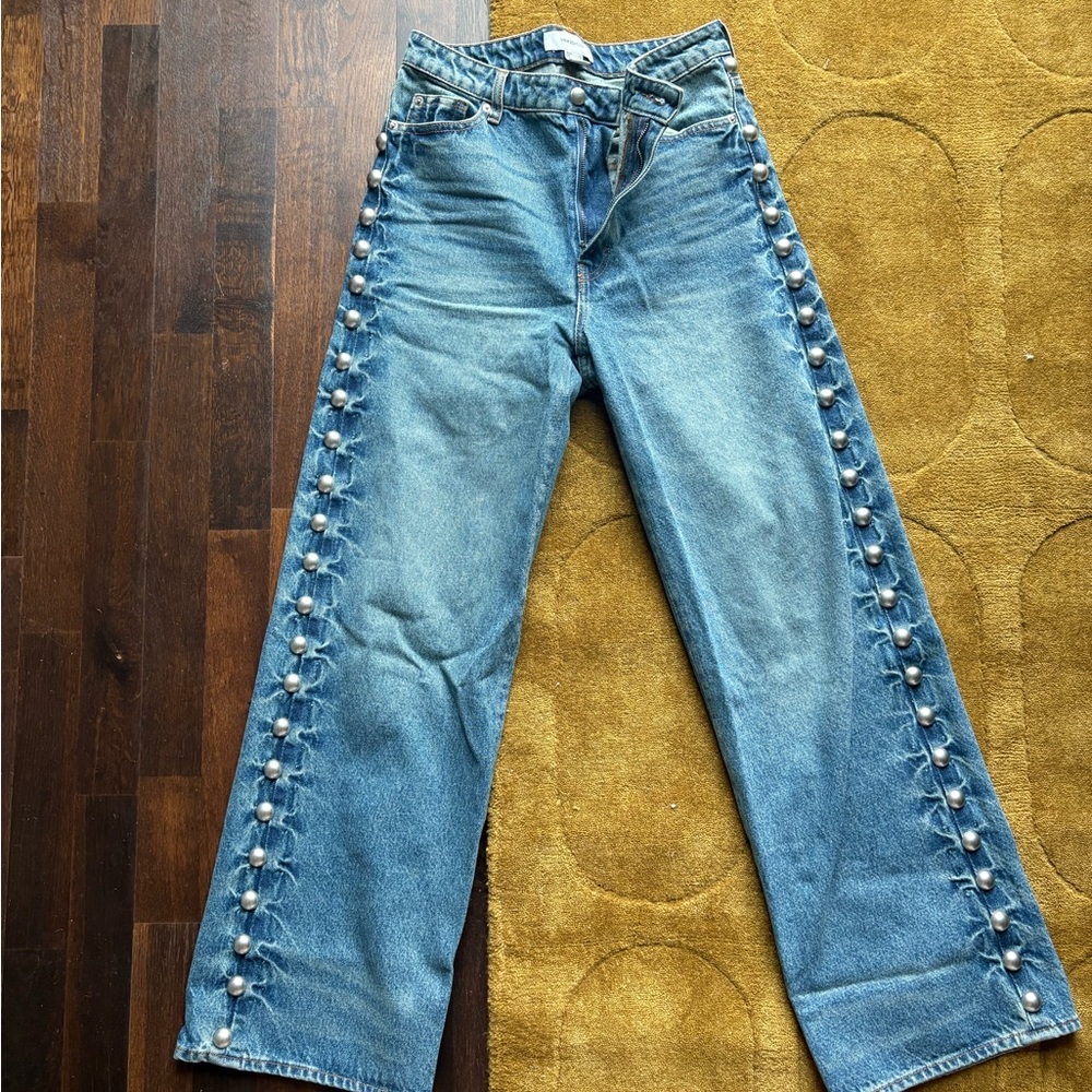 H&M Women's Straight Leg Jeans - Light Blue Wash Studded